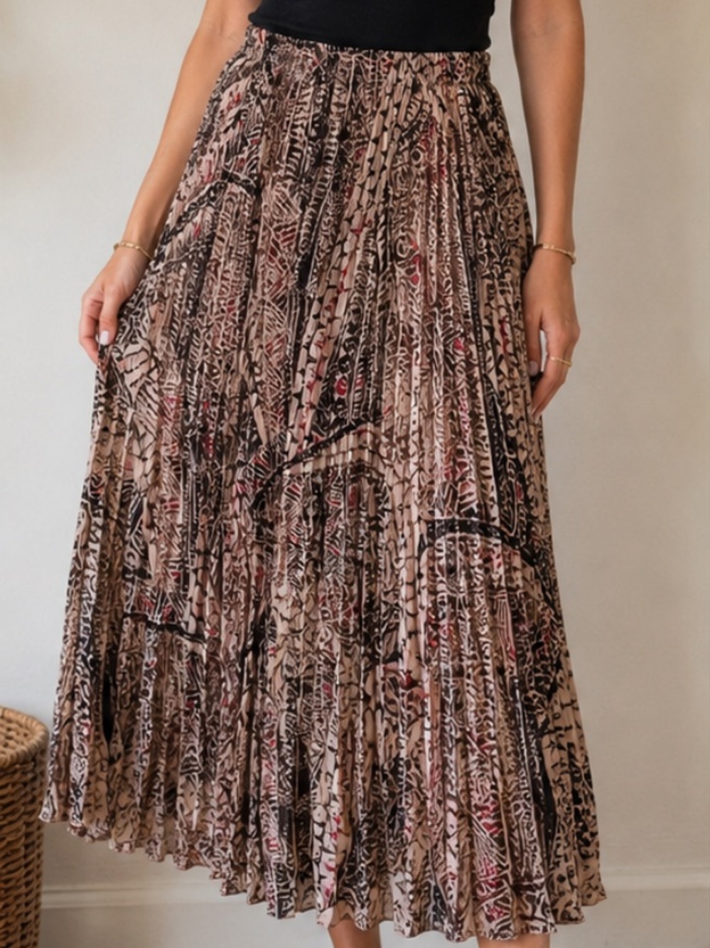 Ruby Rd. Pleated Midi Skirt in Brown Multi Print